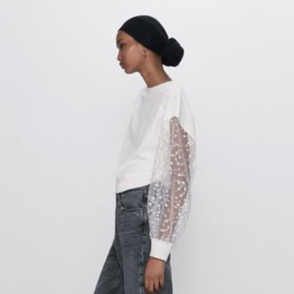 EUC Zara white sweatshirt top w/ sheer floral print sleeves, XS - Picture 3 of 16